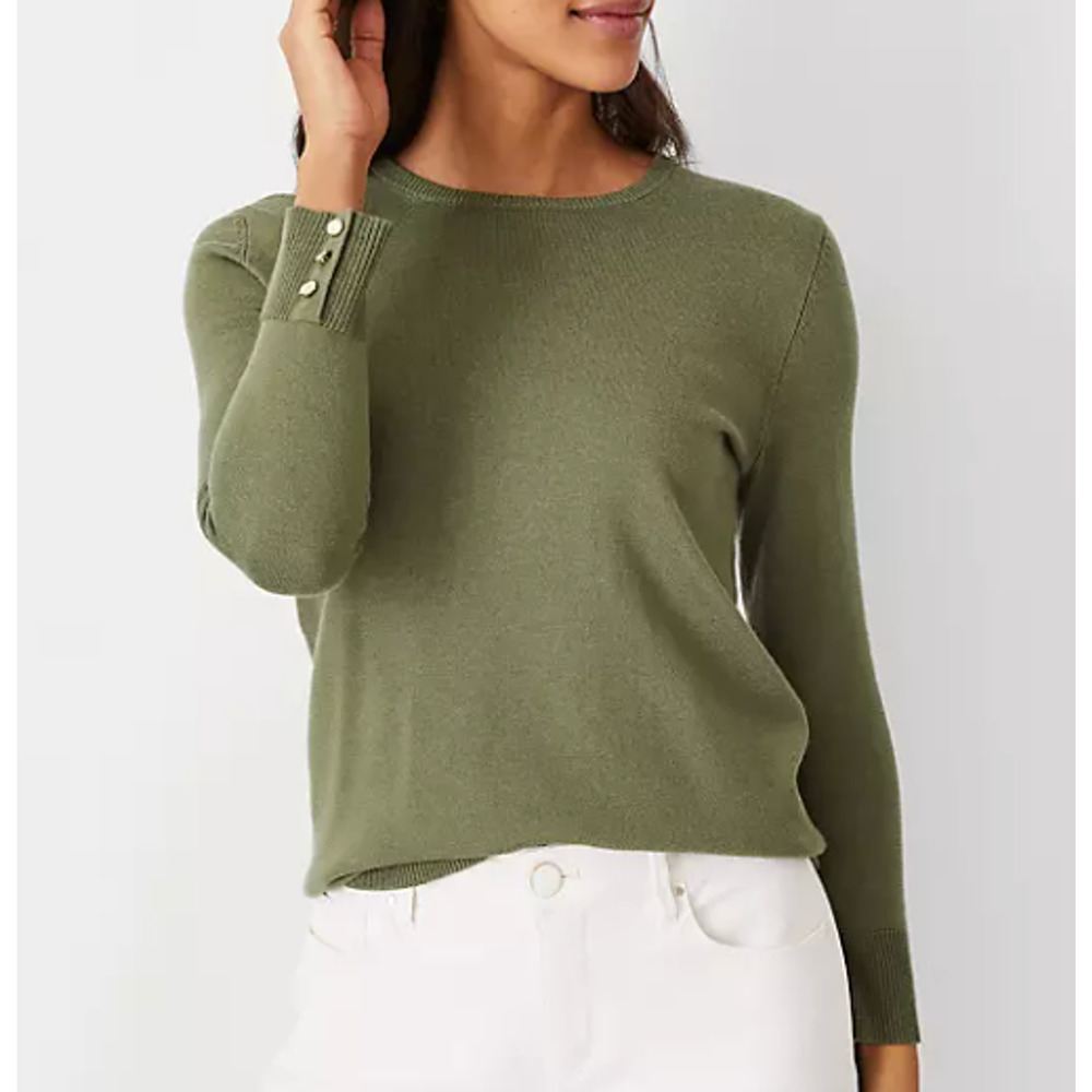 NEW ANN TAYLOR GREEN SEASONLESS BUTTON CUFF SWEATER SIZE LARGE